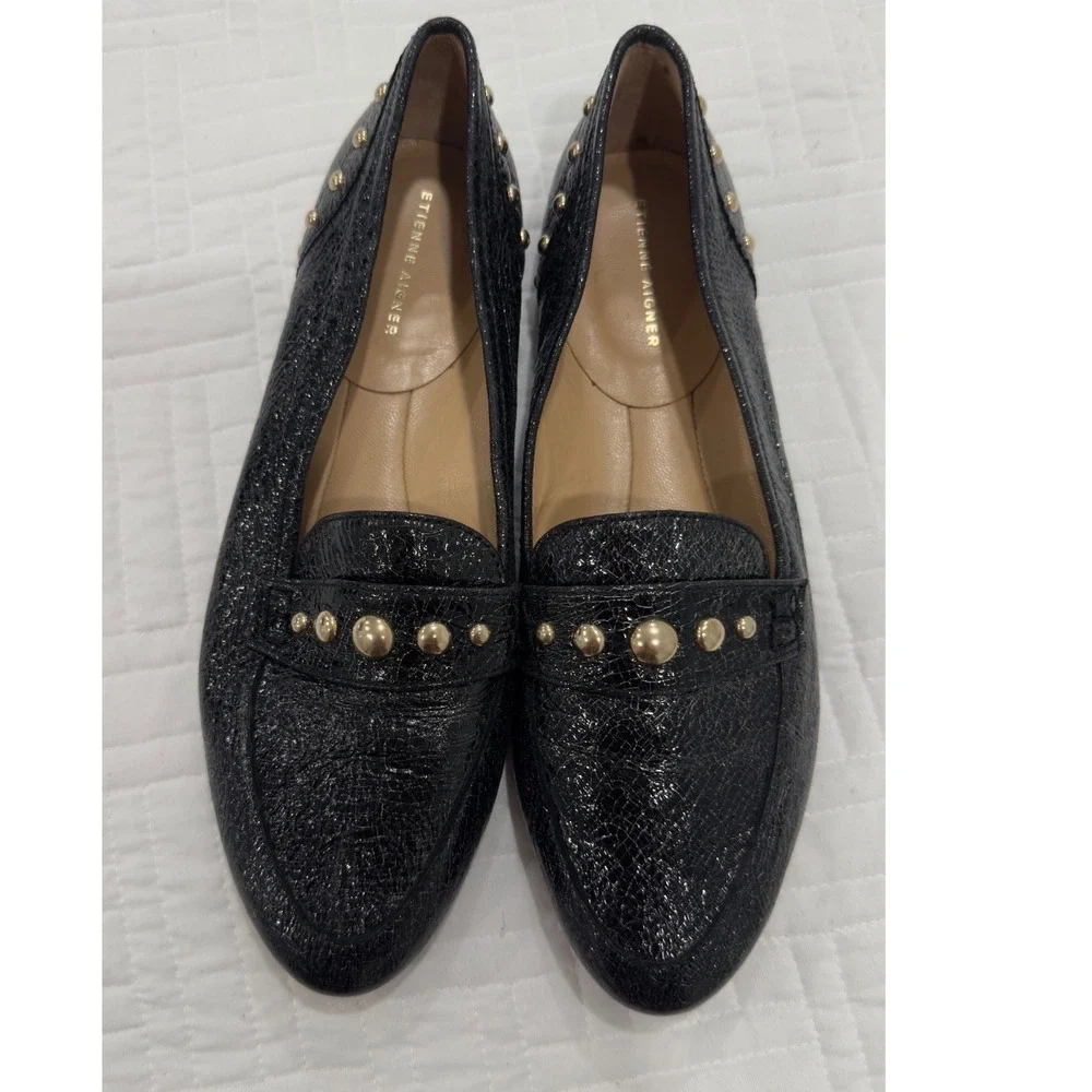 Etienne Aigner Black Crinkle Patent Studded Leather‎ Loafers Made in Spain 8.5 M